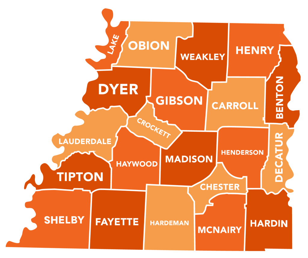 Map of West Tennessee Counties